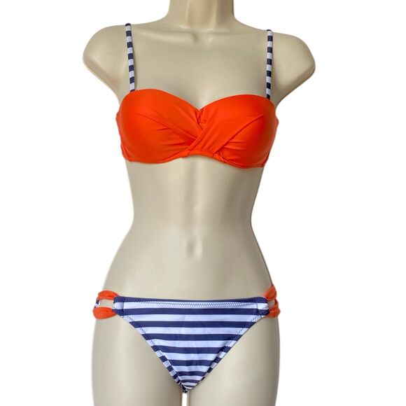 2-Piece Bathing Suit Padded Push-Up Bandeau Bikini Swimsuit Blue Orange Sz Small - Picture 1 of 7